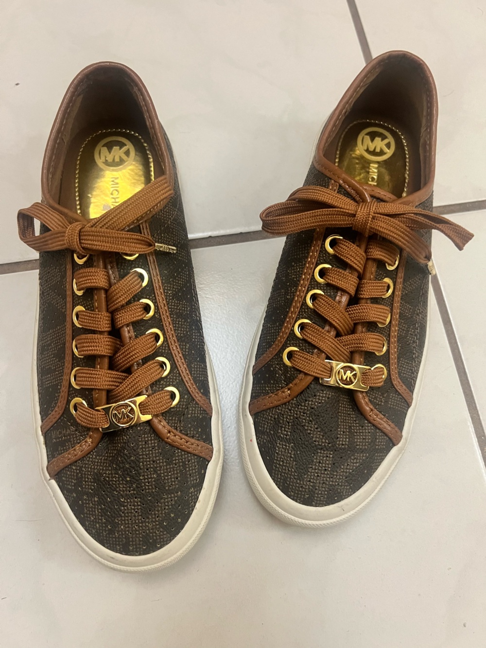 Michael Kors Brown Monogram Low-Top Sneakers with Gold Accents